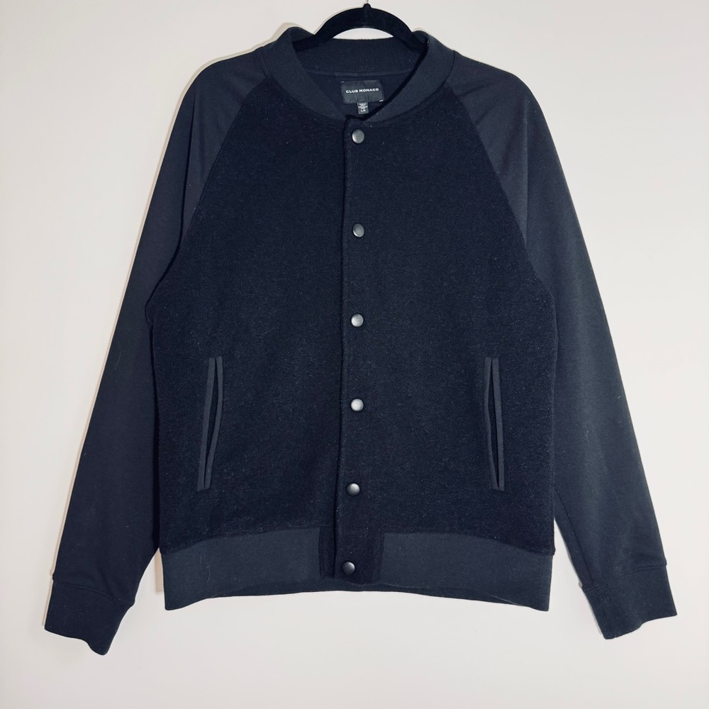 Club Monaco Wool Blend Bomber Jacket Black Button Front Size Large‎